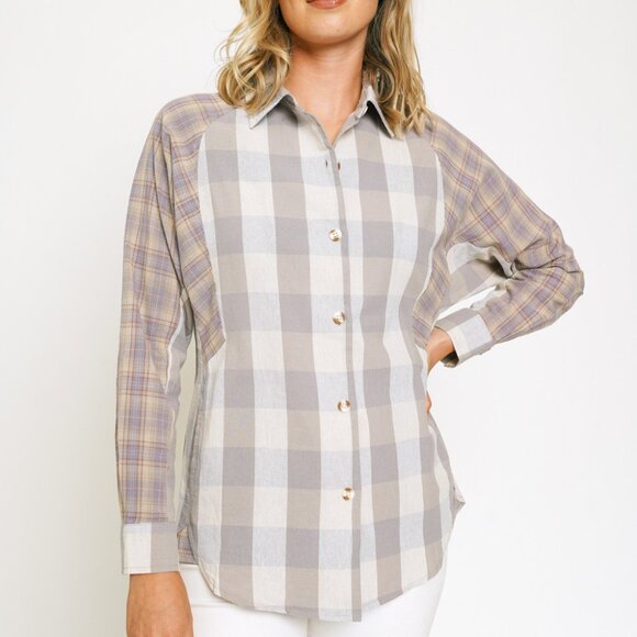 MYSTREE Plaid Button Down Shirt Neutral Beige Gray Oversized Casual Top - Picture 2 of 6